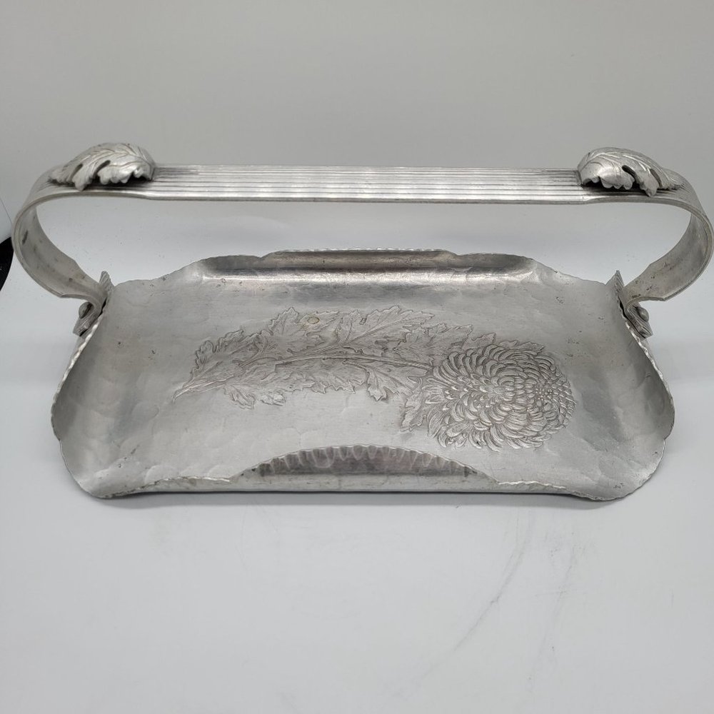 Vintage Continental Hammered Aluminum Serving Tray Caddy Chrysanthemum